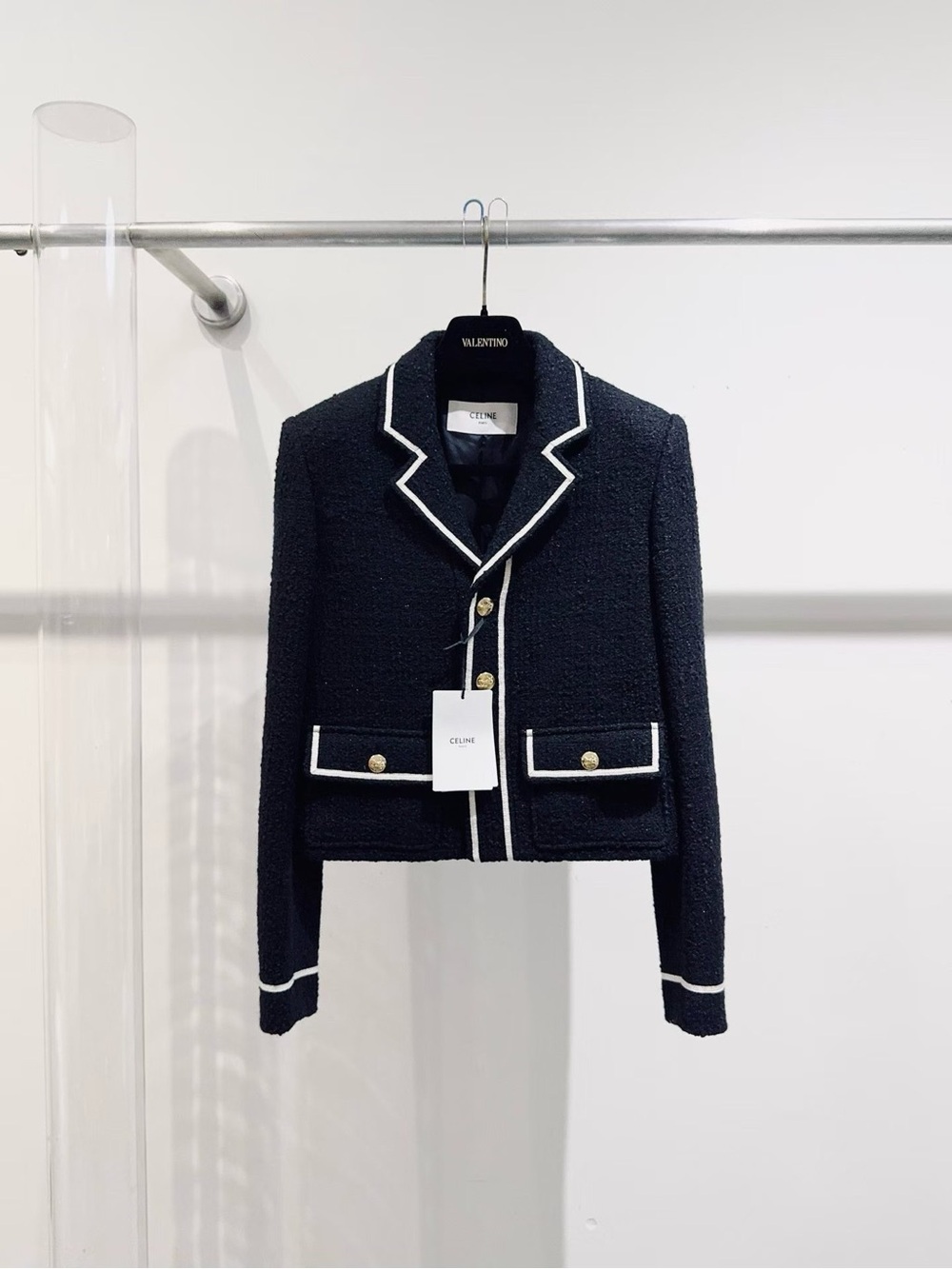 Celine Black Tweed Cropped Blazer with White Piping